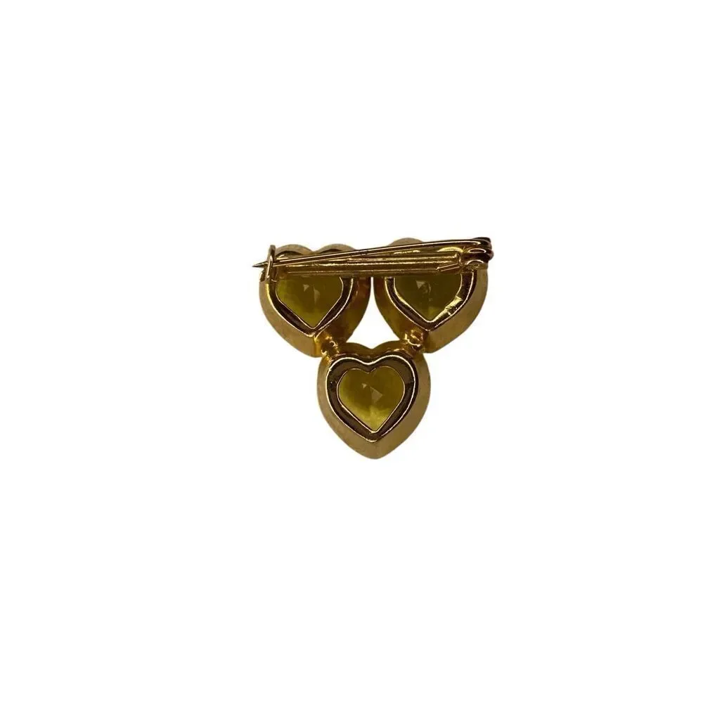 Vintage Gold Tone Triple Heart Brooch Yellow Glass Faceted Stones Pin Jewelry